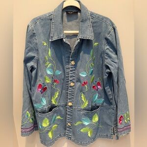 Denim & Co Embroidered Denim Jacket Butterfly Floral Boho L XL
